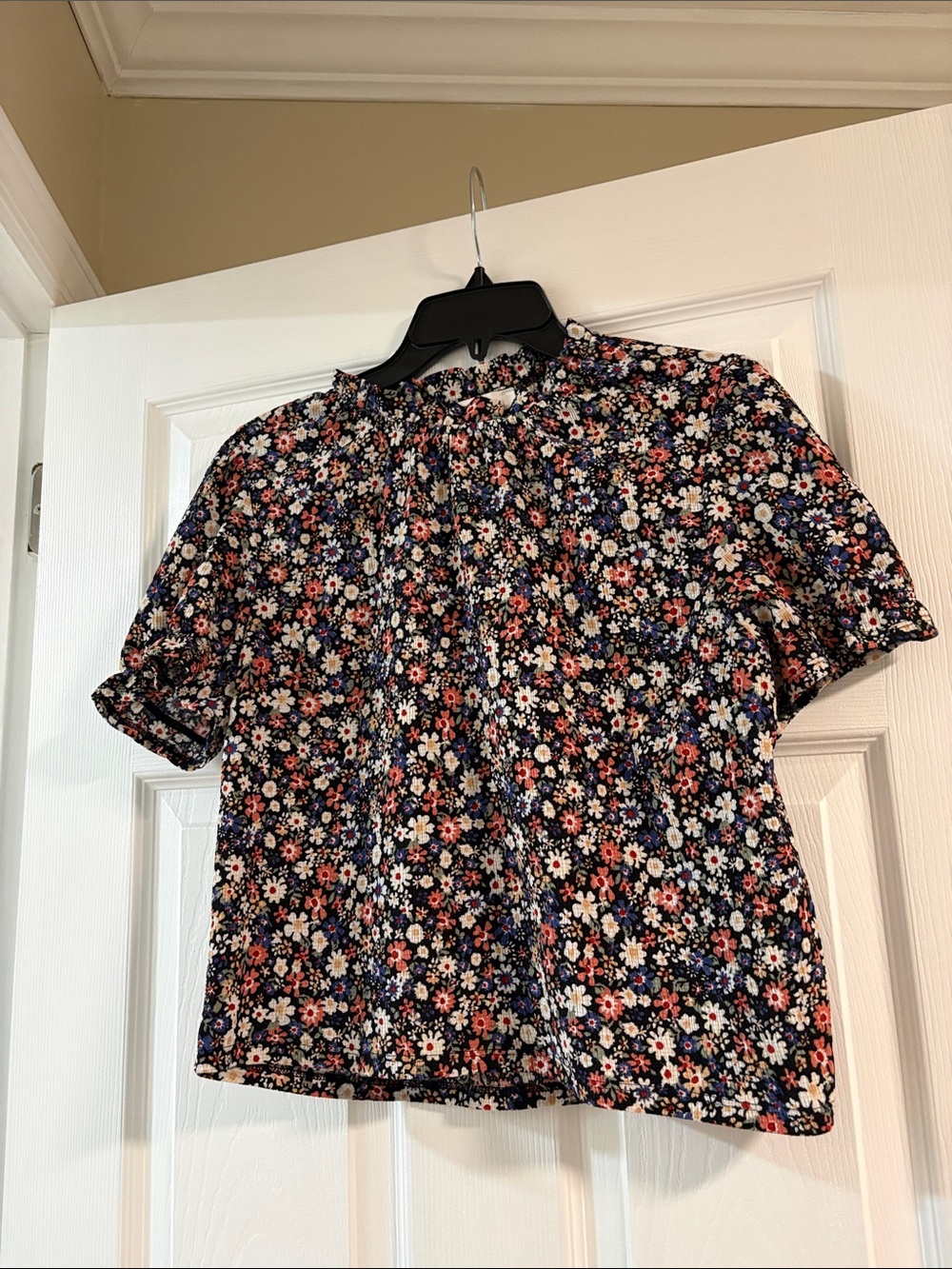 Floral Short-Sleeve Blouse - Navy with Pink & White Flowers